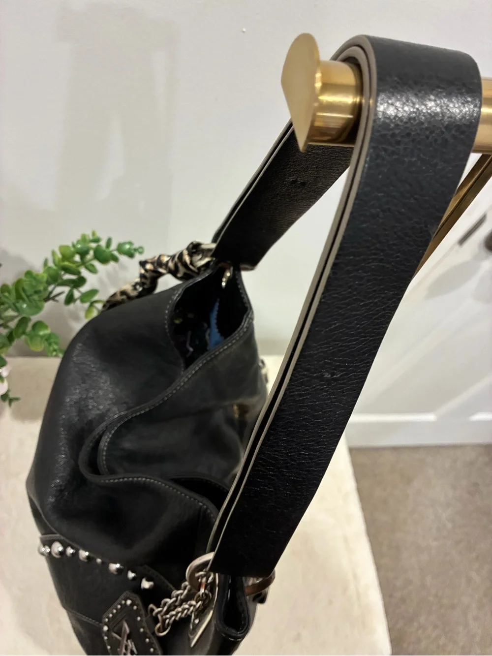 MAXX New York Black Leather Studded Hobo Bag Leopard Scarf Rocker Y2K